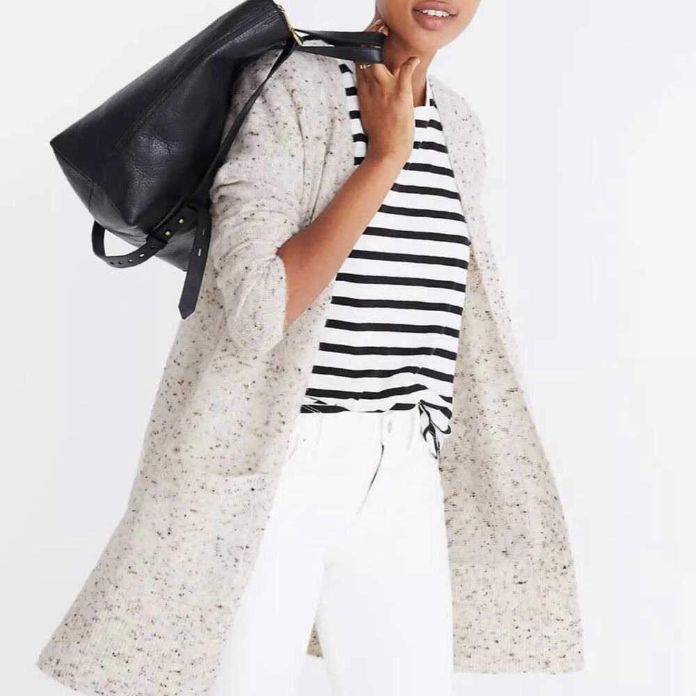 Madewell Women's Donegal Kent Open Cardigan Sweater Flecked Knit Gray Cream S